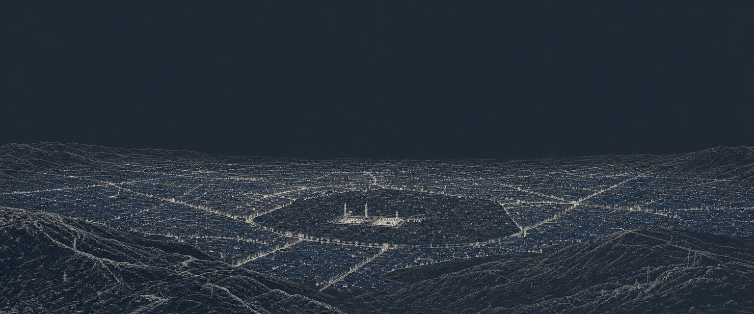Drawn panoramic study of the Damascus basin seen from Mount Qasioun at night