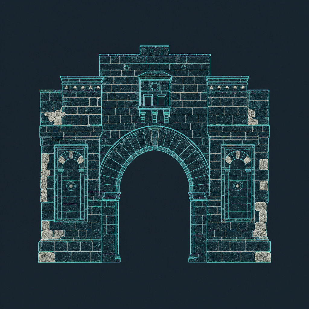 Drawn architectural study of Bab Touma gate